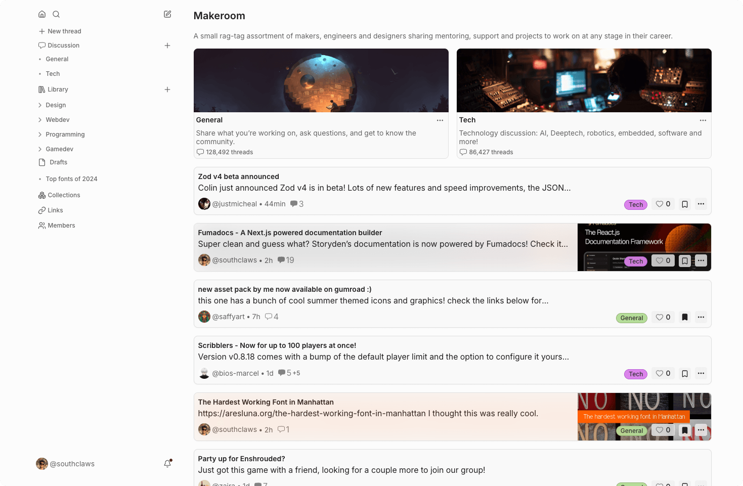 Storyden community homepage with discussion categories, shared links, and a Library of community resources