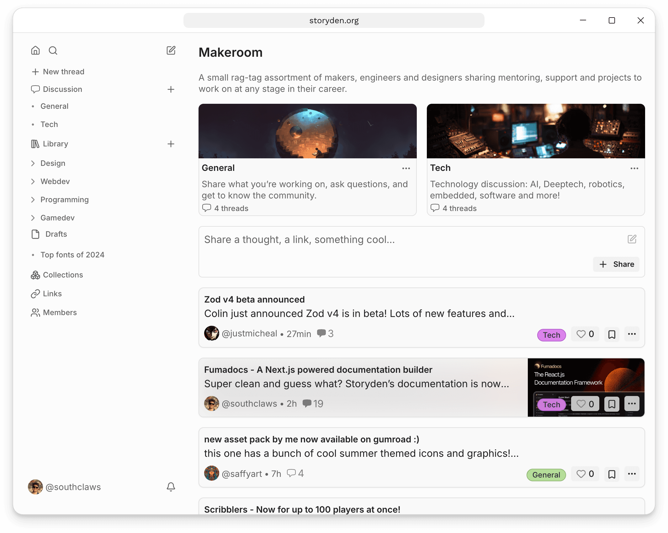 A Storyden community with category covers, a discussion feed and Library navigation