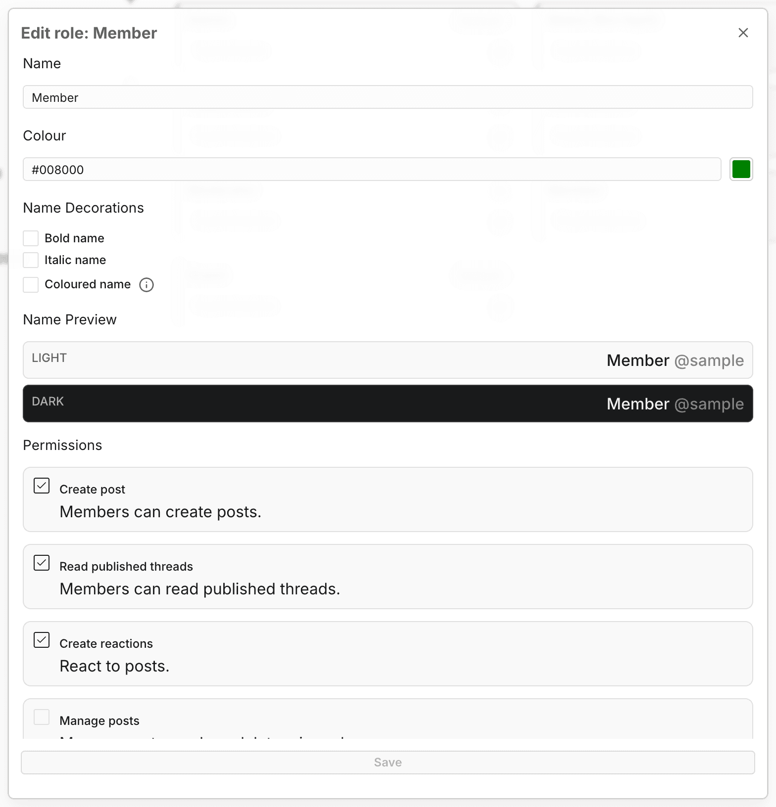 Editing the Member role’s appearance and posting permissions