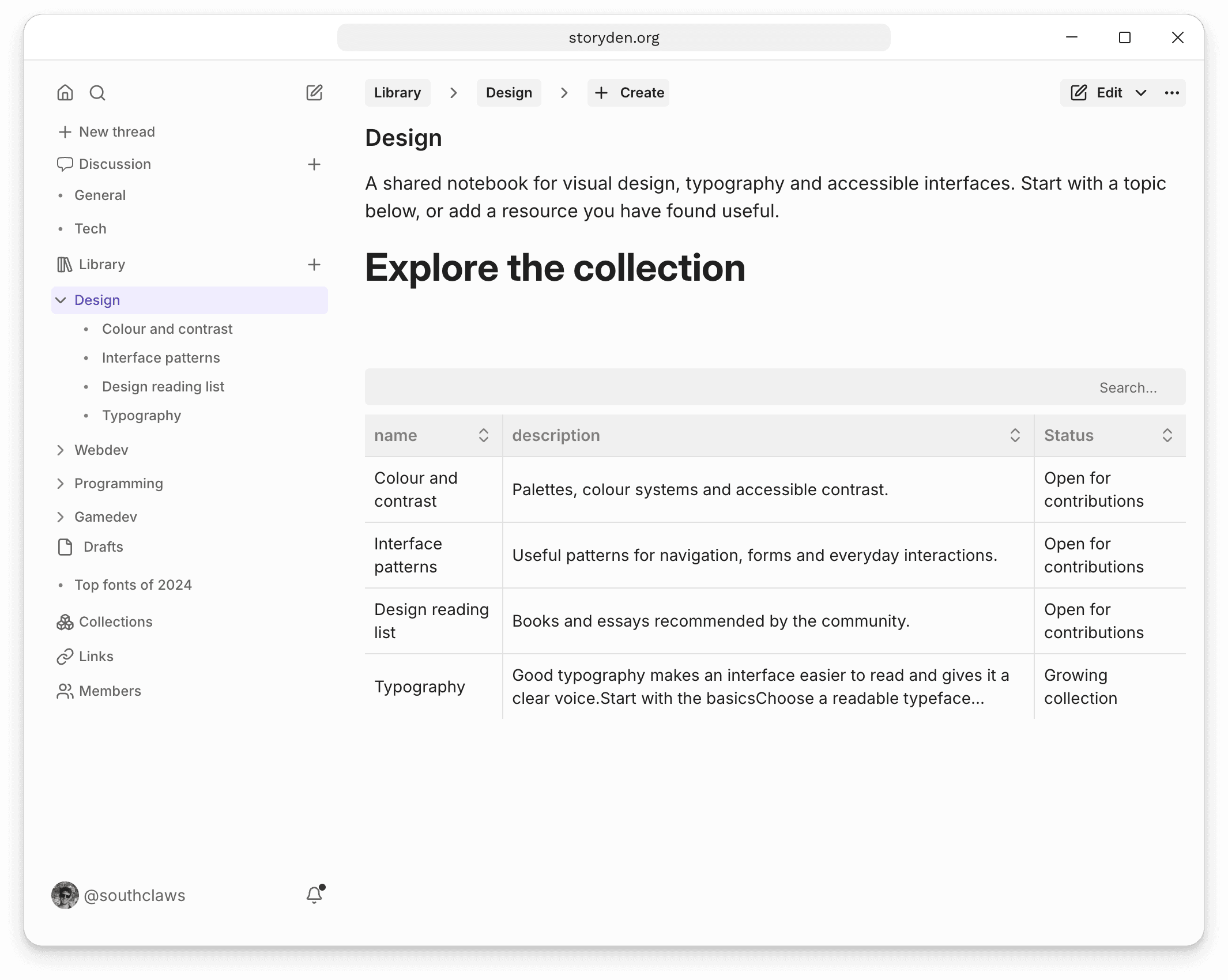 Storyden’s Design Library: a page tree beside a searchable directory of design resources, with descriptions and contribution status.